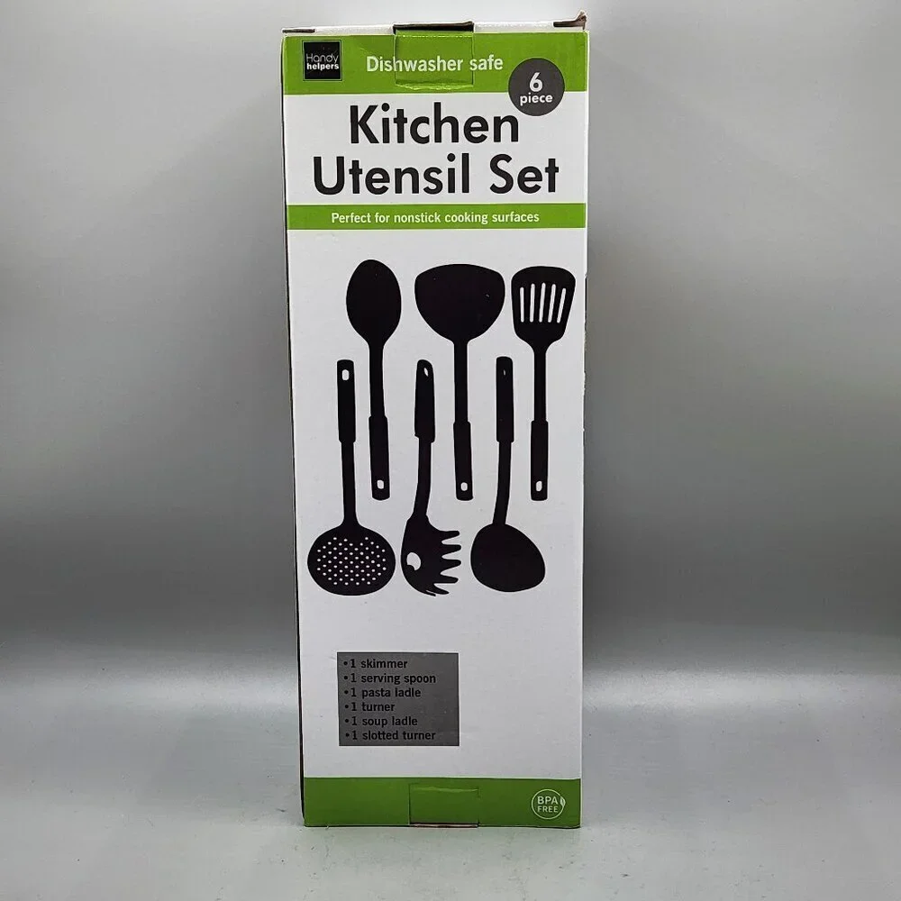 New 6 Piece Kitchen Utensil Set Plastic Nylon Non Scratch Cooking Black